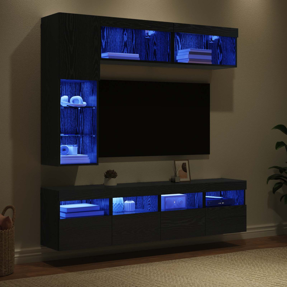 Produktbild för TV-skåp med led Väggmonterad 7 pcs Svart Ek Konstruerat trä