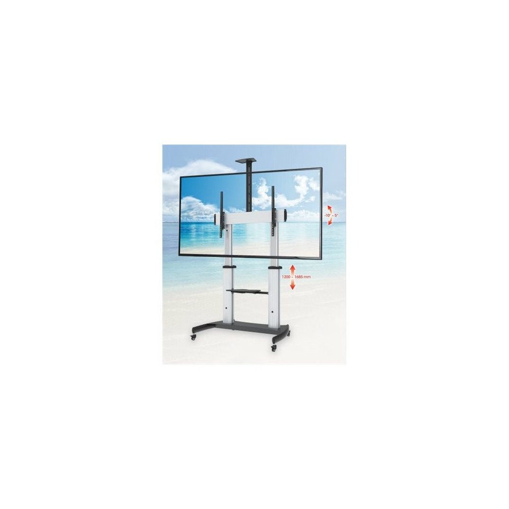 Produktbild för Manhattan TV & Monitor Mount, Trolley Stand, 1 screen, Screen Sizes: 60-100", Silver/Black, VESA 200x200 to 800x600mm, Max 100kg, Height adjustable 1200 to 1685mm, Camera and AV shelves, Aluminium, LFD, Lifetime Warranty vagn - för platt panel/AV-system/k