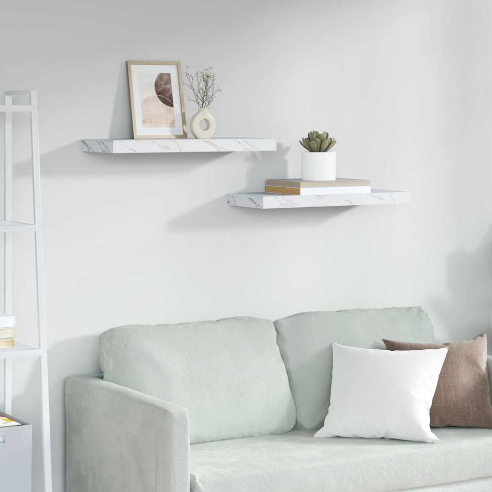 Produktbild för Vägg hylla 2 pcs Vit marmor 60 x 23,5 x 4 cm Konstruerat trä