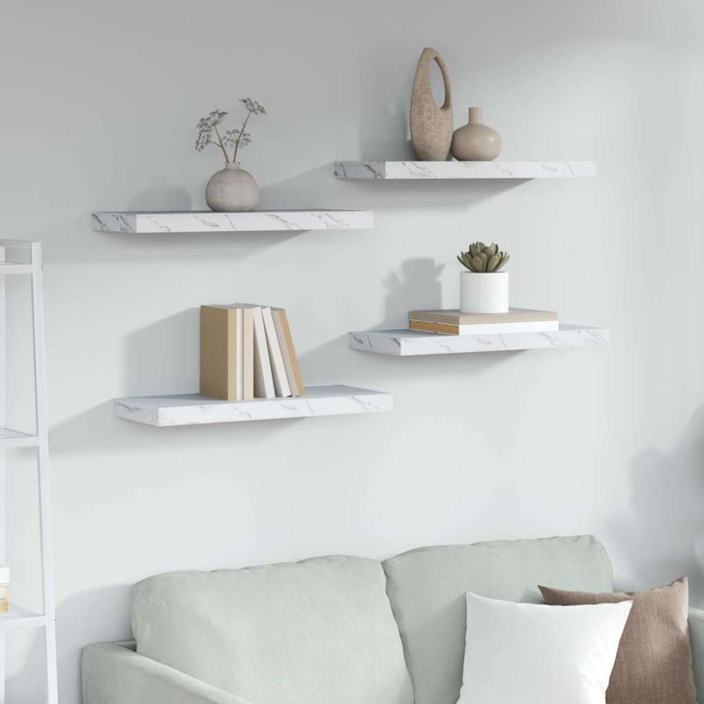 Produktbild för Vägg hylla 4 pcs Vit marmor 60 x 23 x 4 cm Konstruerat trä