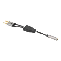 Produktbild för Manhattan Headset Adapter Cable with Stereo Audio Y-Splitter, 3.5mm, Aux, 15cm, Female/2x Male, Splits Single Headset Plug into Microphone and Audio Plugs, Slim Design, Black/Silver, Gold plated contacts and pure oxygen-free copper wire, Lifetime Warranty
