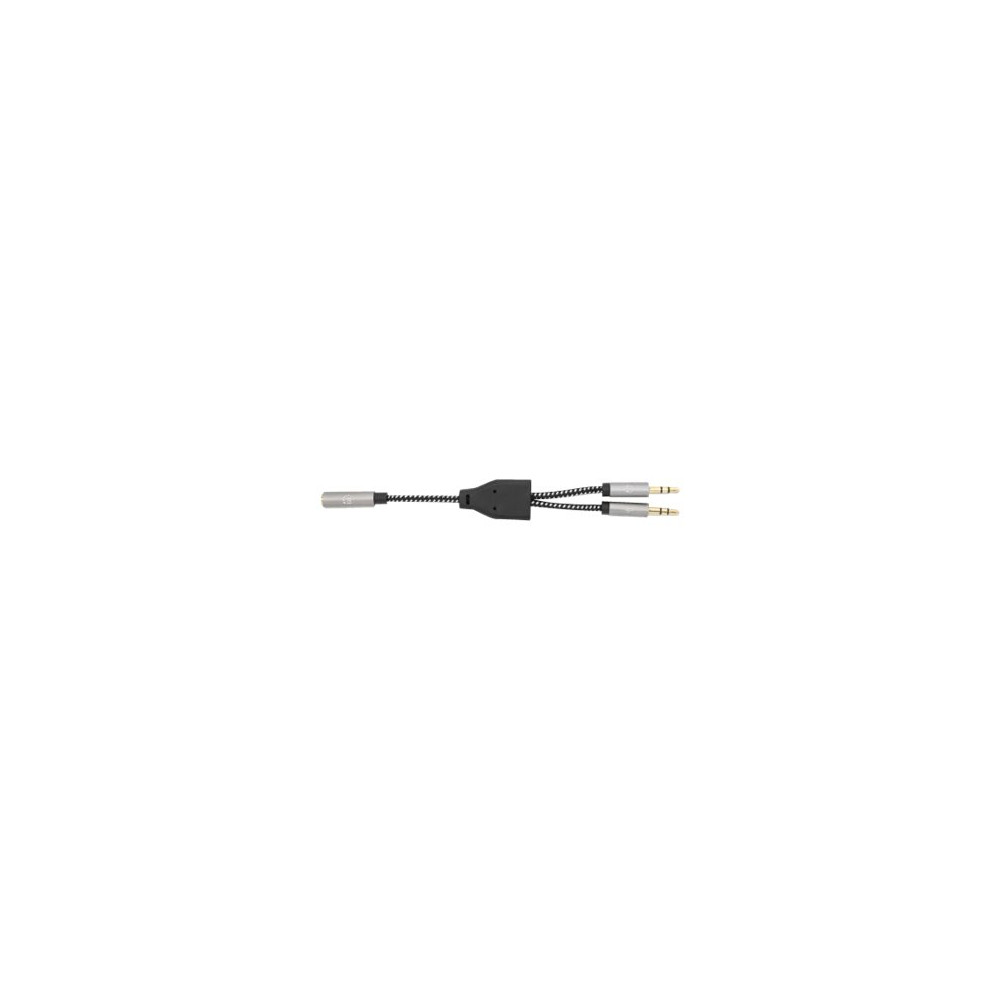 Produktbild för Manhattan Headset Adapter Cable with Stereo Audio Y-Splitter, 3.5mm, Aux, 15cm, Female/2x Male, Splits Single Headset Plug into Microphone and Audio Plugs, Slim Design, Black/Silver, Gold plated contacts and pure oxygen-free copper wire, Lifetime Warranty