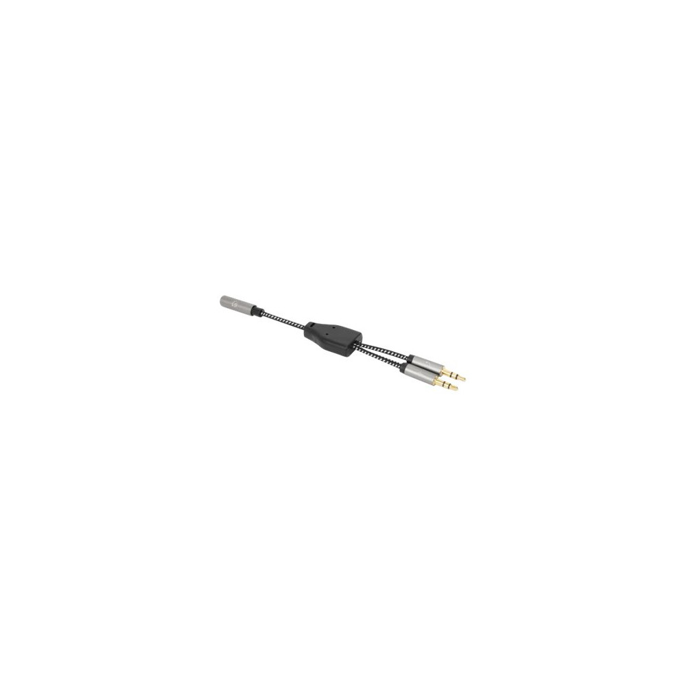 Produktbild för Manhattan Headset Adapter Cable with Stereo Audio Y-Splitter, 3.5mm, Aux, 15cm, Female/2x Male, Splits Single Headset Plug into Microphone and Audio Plugs, Slim Design, Black/Silver, Gold plated contacts and pure oxygen-free copper wire, Lifetime Warranty