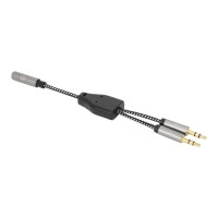 Produktbild för Manhattan Headset Adapter Cable with Stereo Audio Y-Splitter, 3.5mm, Aux, 15cm, Female/2x Male, Splits Single Headset Plug into Microphone and Audio Plugs, Slim Design, Black/Silver, Gold plated contacts and pure oxygen-free copper wire, Lifetime Warranty
