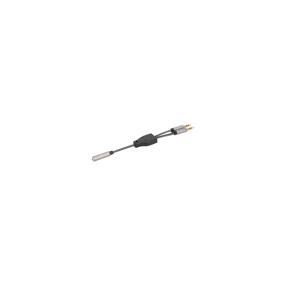 Produktbild för Manhattan Headset Adapter Cable with Stereo Audio Y-Splitter, 3.5mm, Aux, 15cm, Female/2x Male, Splits Single Headset Plug into Microphone and Audio Plugs, Slim Design, Black/Silver, Gold plated contacts and pure oxygen-free copper wire, Lifetime Warranty