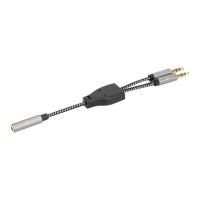 Produktbild för Manhattan Headset Adapter Cable with Stereo Audio Y-Splitter, 3.5mm, Aux, 15cm, Female/2x Male, Splits Single Headset Plug into Microphone and Audio Plugs, Slim Design, Black/Silver, Gold plated contacts and pure oxygen-free copper wire, Lifetime Warranty
