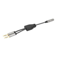 Produktbild för Manhattan Headset Adapter Cable with Stereo Audio Y-Splitter, 3.5mm, Aux, 15cm, Female/2x Male, Splits Single Headset Plug into Microphone and Audio Plugs, Slim Design, Black/Silver, Gold plated contacts and pure oxygen-free copper wire, Lifetime Warranty