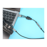 Produktbild för Manhattan Headset Adapter Cable with Stereo Audio Y-Splitter, 3.5mm, Aux, 15cm, Female/2x Male, Splits Single Headset Plug into Microphone and Audio Plugs, Slim Design, Black/Silver, Gold plated contacts and pure oxygen-free copper wire, Lifetime Warranty