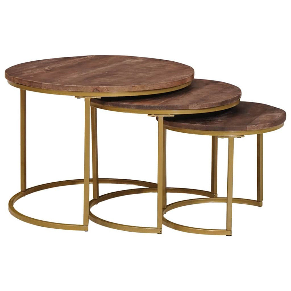 Produktbild för Nesting Kaffe Bord 3 pcs Mörkbrun Massivt Mangoträ och stål