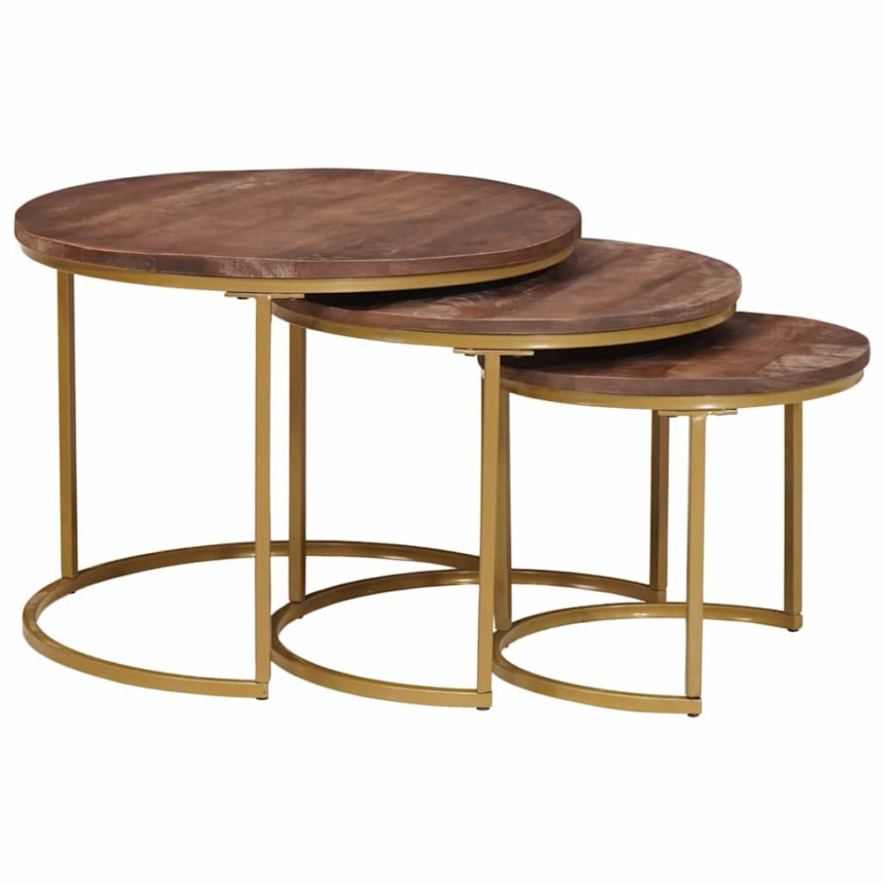 Produktbild för Nesting Kaffe Bord 3 pcs Mörkbrun Massivt Mangoträ och stål