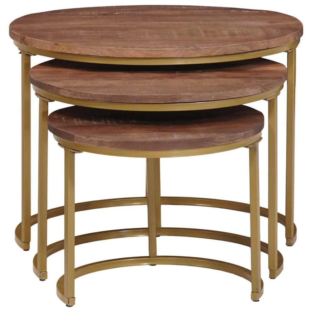 Produktbild för Nesting Kaffe Bord 3 pcs Mörkbrun Massivt Mangoträ och stål
