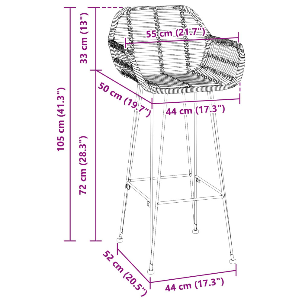 Produktbild för Barstol 2 pcs 55 x 52 x 105 cm Rattan och Järn