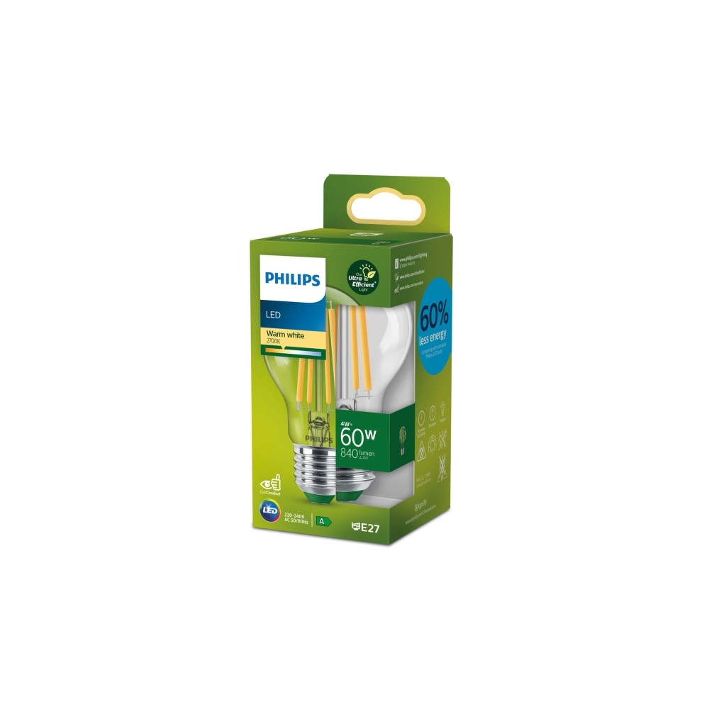Produktbild för Philips - LED-glödlampa med filament - form: A60 - klar finish - E27 - 4 W - varmt vitt ljus - 2700 K - transparent