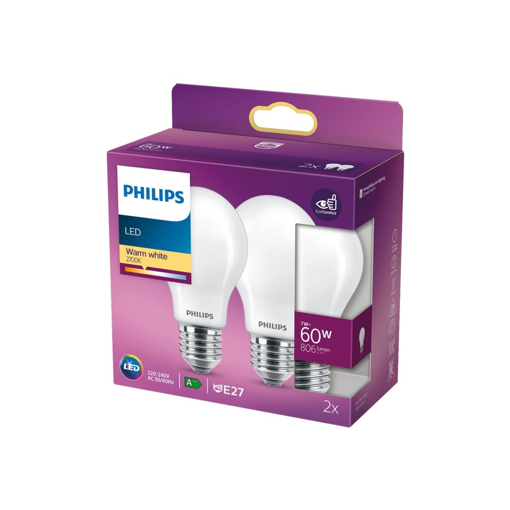 Produktbild för Philips - LED-glödlampa - form: A60 - glaserad finish - E27 - 7 W - varmt vitt ljus - 2700 K