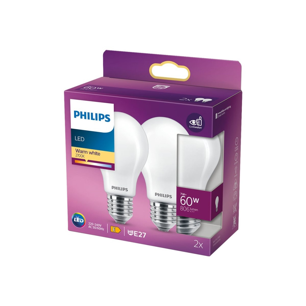 Produktbild för Philips - LED-glödlampa - form: A60 - glaserad finish - E27 - 7 W - varmt vitt ljus - 2700 K