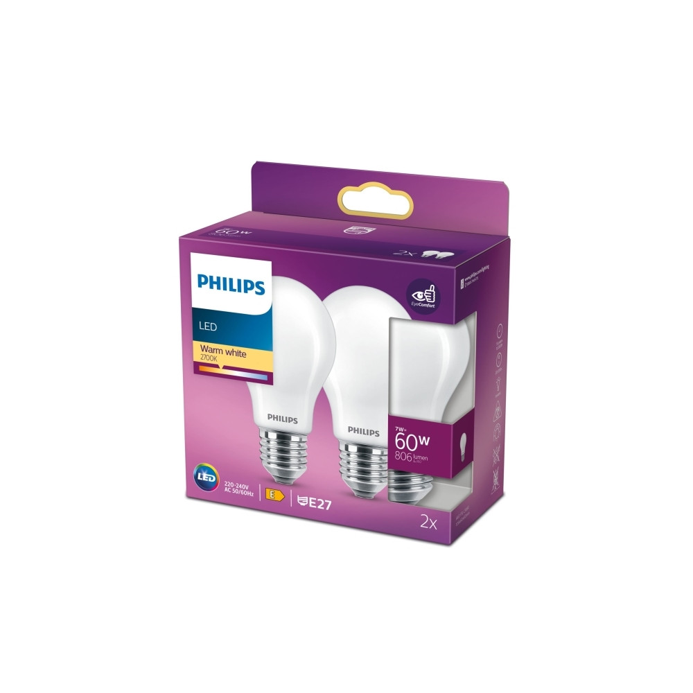 Produktbild för Philips - LED-glödlampa - form: A60 - glaserad finish - E27 - 7 W - varmt vitt ljus - 2700 K