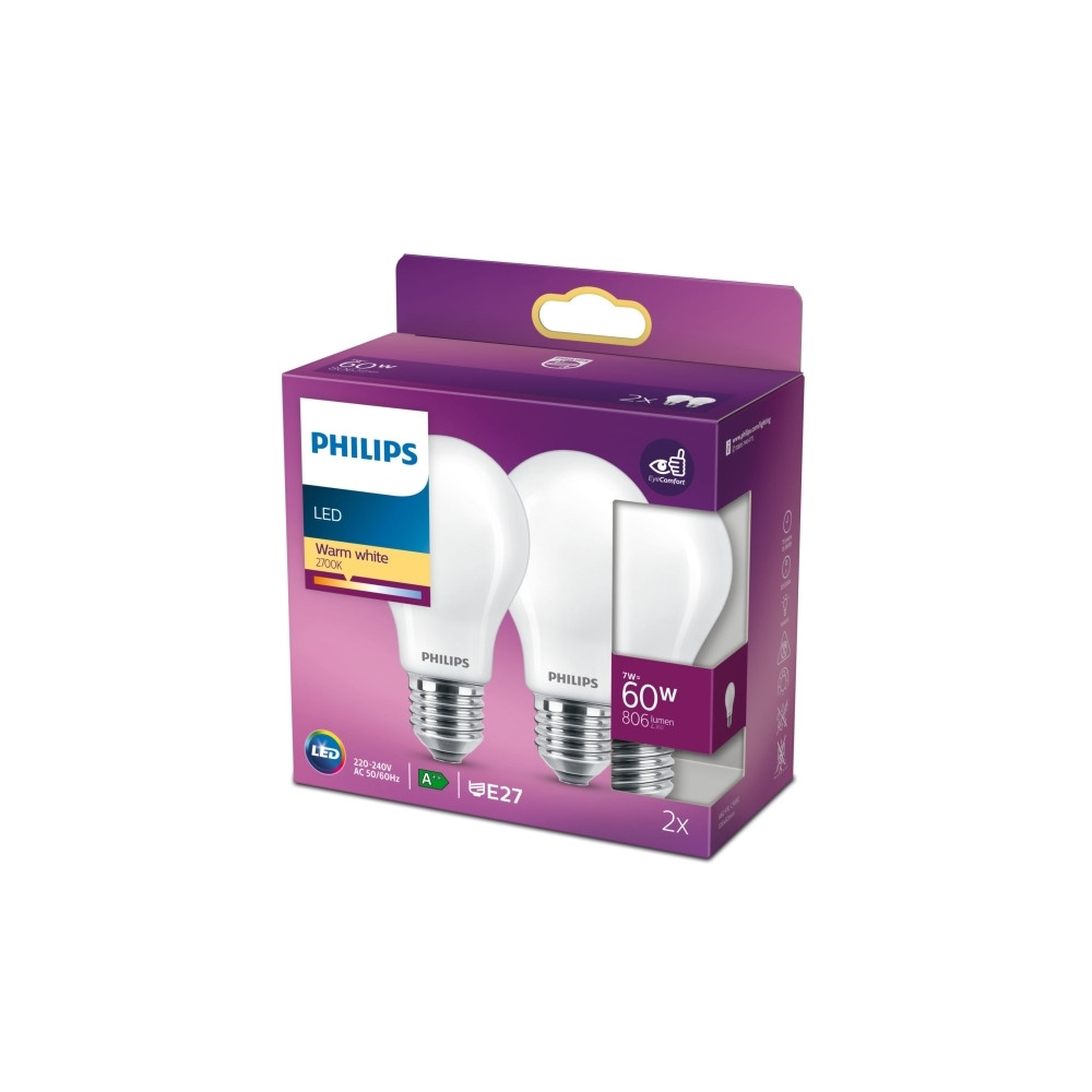 Produktbild för Philips - LED-glödlampa - form: A60 - glaserad finish - E27 - 7 W - varmt vitt ljus - 2700 K