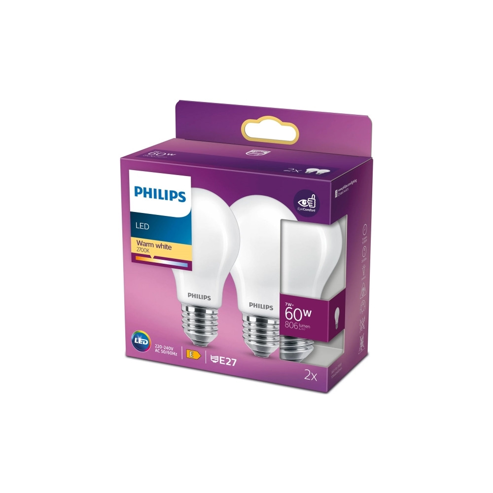 Produktbild för Philips - LED-glödlampa - form: A60 - glaserad finish - E27 - 7 W - varmt vitt ljus - 2700 K