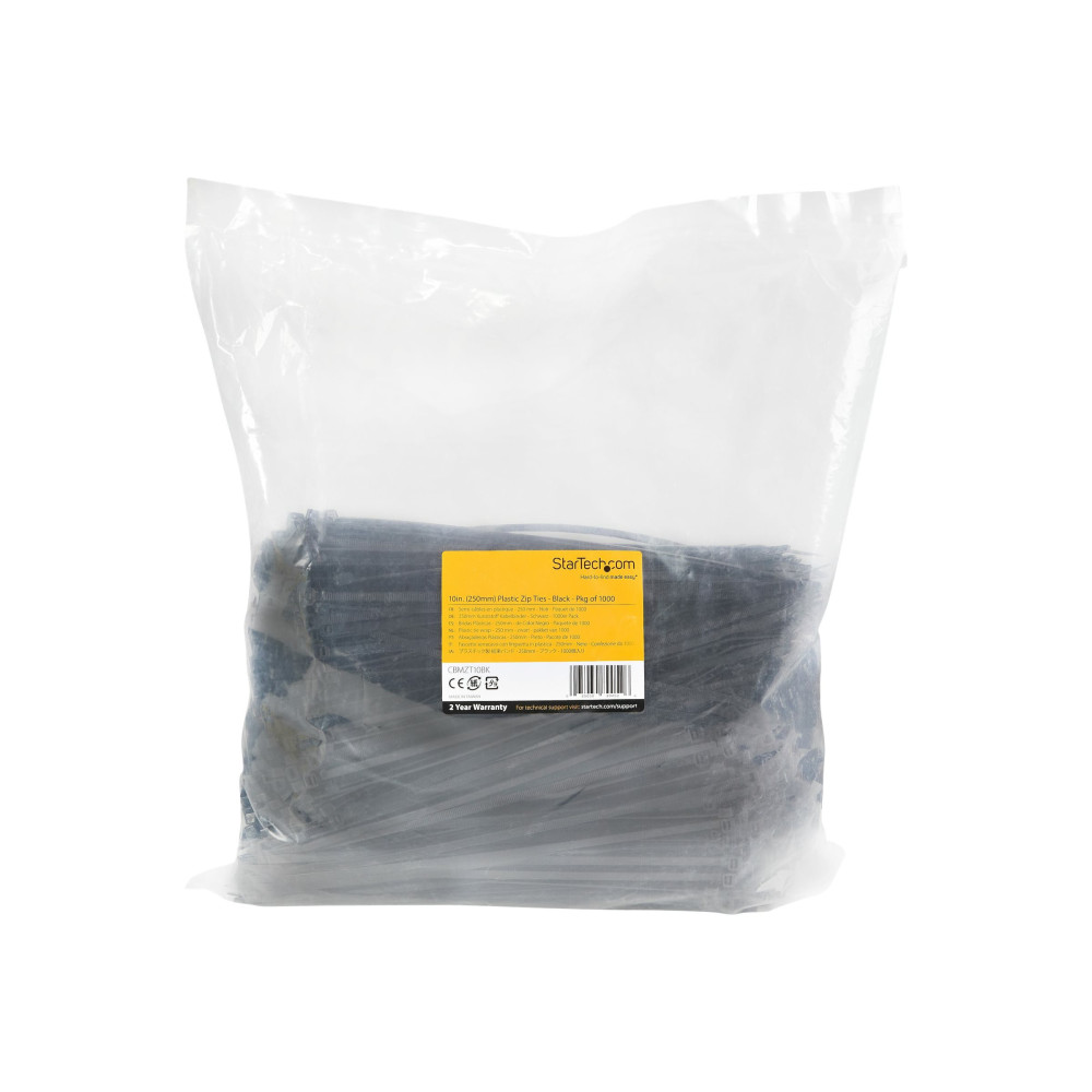 Produktbild för StarTech.com 10"(25cm) Cable Ties, 1/8"(4mm) wide, 2-5/8"(68mm) Bundle Diameter, 50lb(22kg) Tensile Strength, Nylon Self Locking Zip Ties w/Curved Tip, 94V-2/UL Listed, 1000 Pack, Black - Nylon 66 Plastic - TAA (CBMZT10BK) - kabelsamlare - TAA-kompatibel
