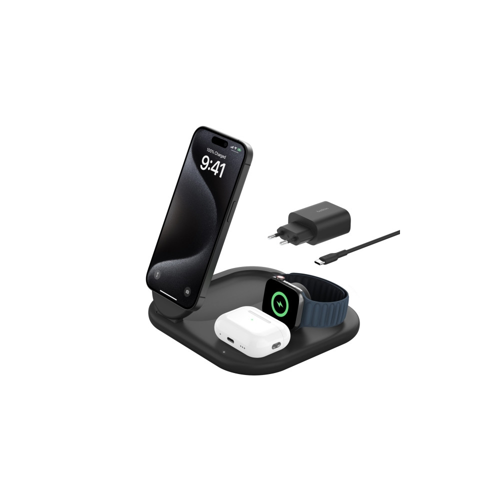 Produktbild för Belkin BoostCharge 3-in-1 trådlöst laddställ - magnetisk, hopfällbar, med Qi2 - + växelströmsadapter - 15 watt