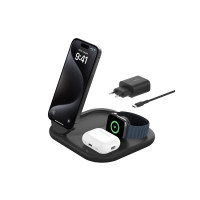 Produktbild för Belkin BoostCharge 3-in-1 trådlöst laddställ - magnetisk, hopfällbar, med Qi2 - + växelströmsadapter - 15 watt