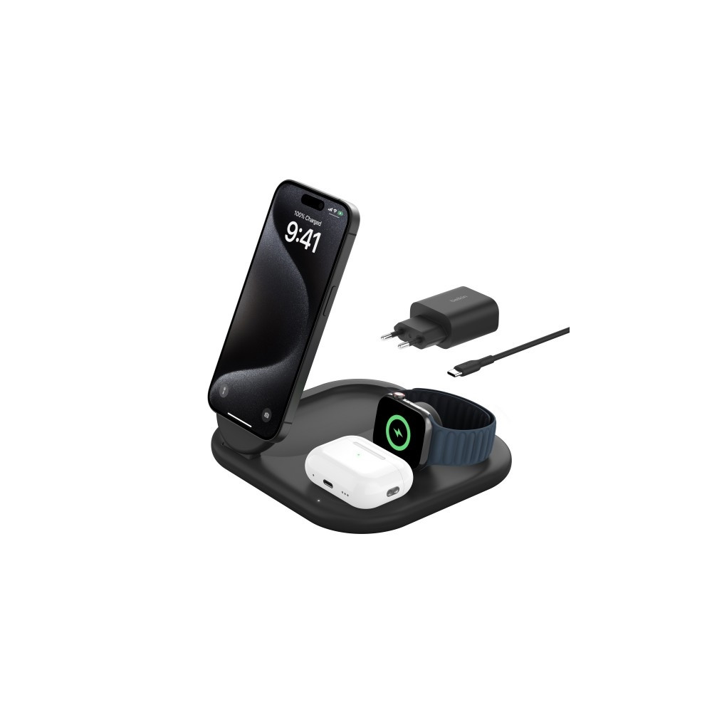 Produktbild för Belkin BoostCharge 3-in-1 trådlöst laddställ - magnetisk, hopfällbar, med Qi2 - + växelströmsadapter - 15 watt