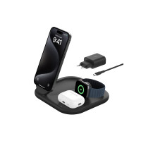 Produktbild för Belkin BoostCharge 3-in-1 trådlöst laddställ - magnetisk, hopfällbar, med Qi2 - + växelströmsadapter - 15 watt
