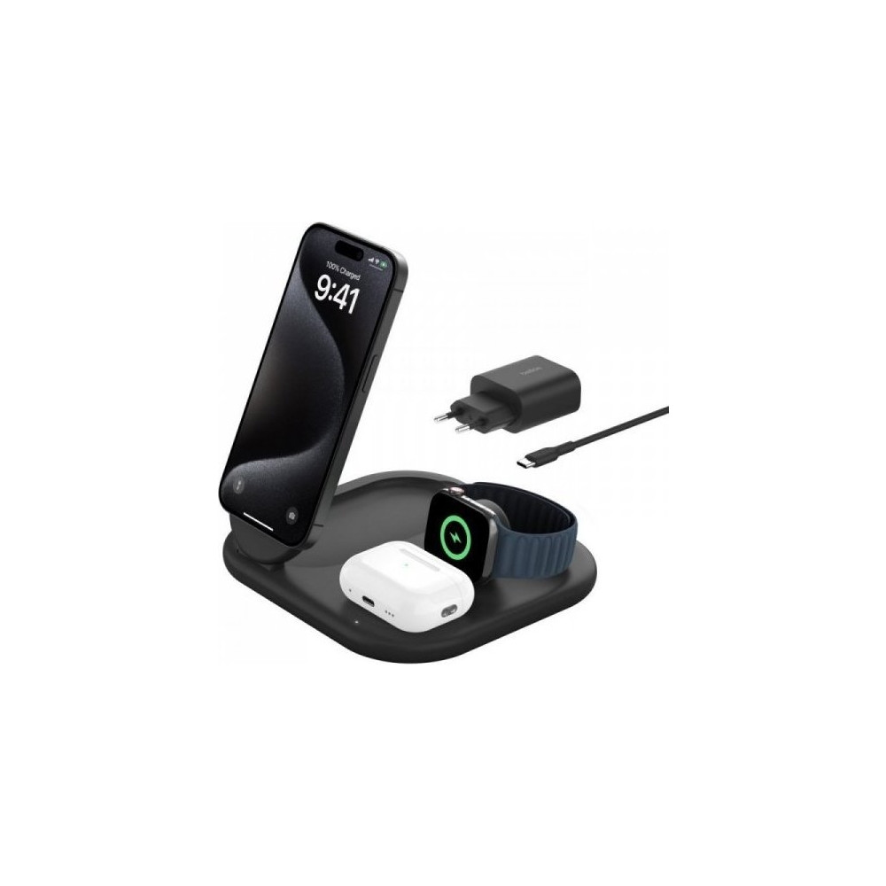 Produktbild för Belkin BoostCharge 3-in-1 trådlöst laddställ - magnetisk, hopfällbar, med Qi2 - + växelströmsadapter - 15 watt