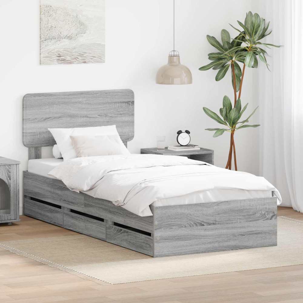 Produktbild för Sängram med låda Grå Sonoma 90 x 200 cm Konstruerat trä