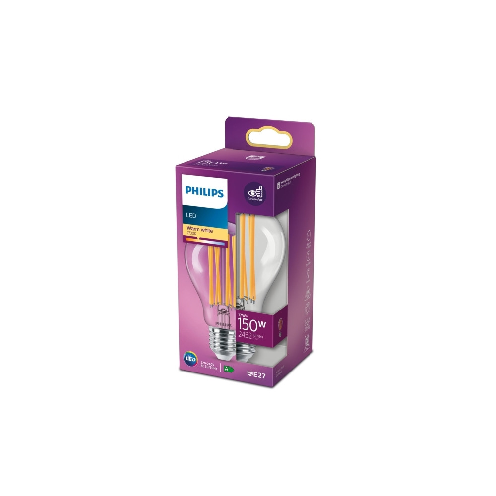 Produktbild för Philips LED Classic - LED-glödlampa med filament - form: A67 - klar finish - E27 - 17 W - varmt vitt ljus - 2700 K
