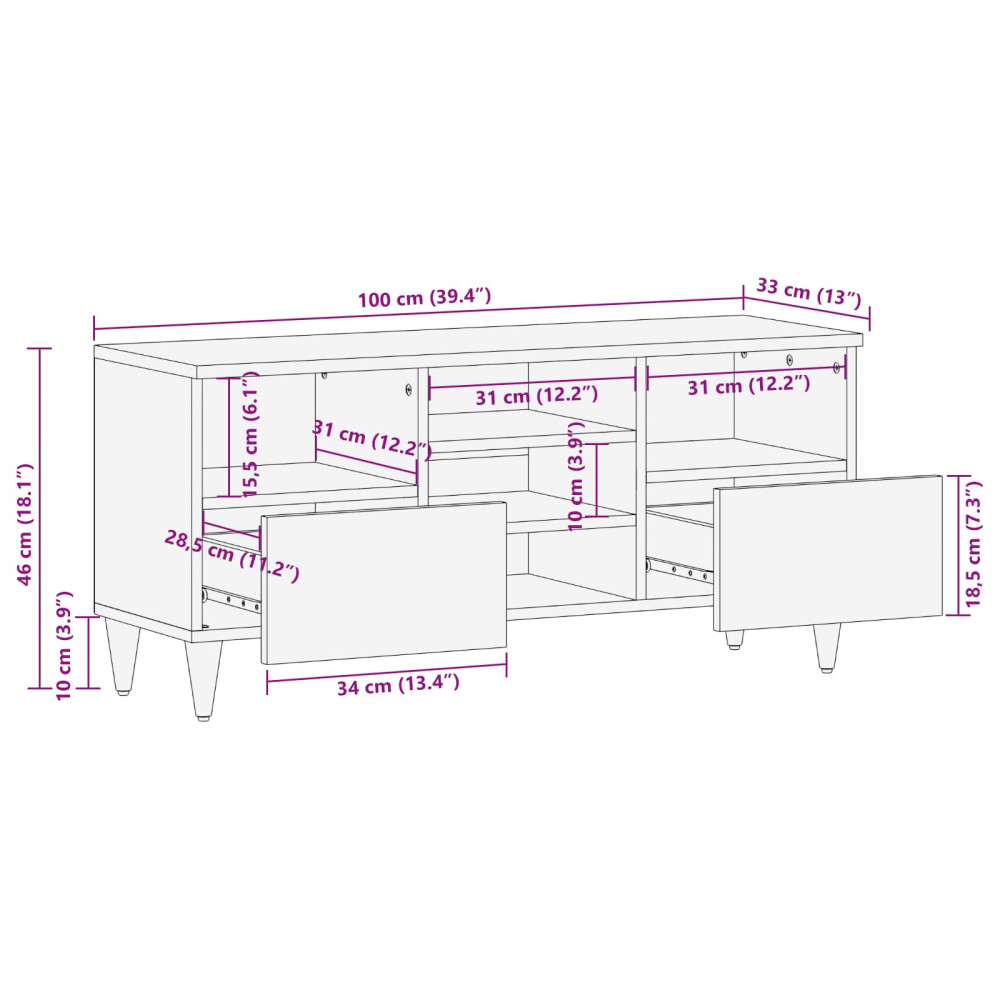 Produktbild för TV-skåp med låda Valnöt 100 x 33 x 46 cm Massivt mangoträ