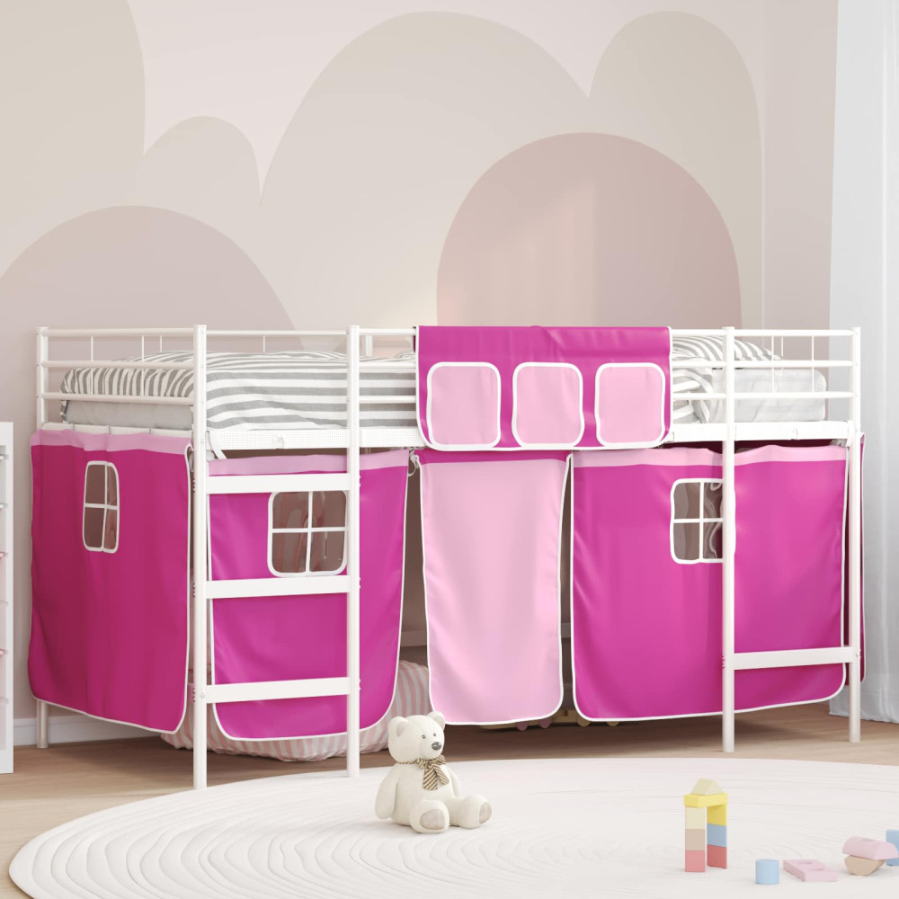 Produktbild för Barns LOFT SÄNG RAM med Gardiner Vit och Rosa 90 x 200 cm