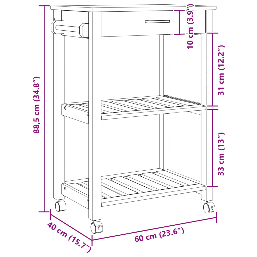 Produktbild för Köksvagn MONZA Svart 60 x 40 x 88,5 cm Massiv furu