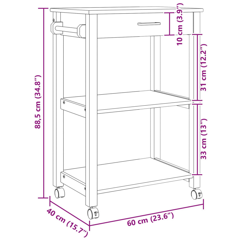 Produktbild för Köksvagn MONZA Svart 60 x 40 x 88,5 cm Massiv furu
