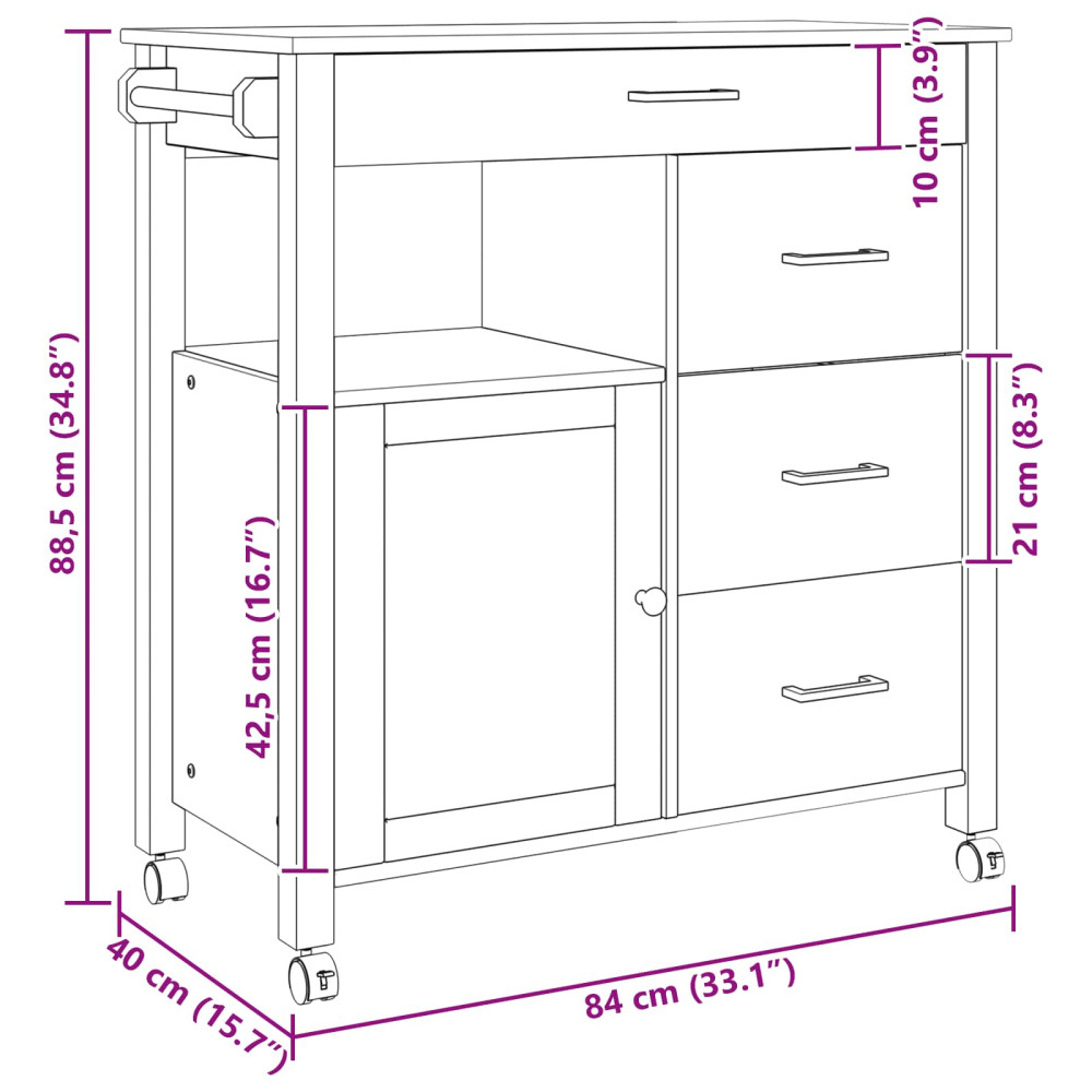 Produktbild för Köksvagn MONZA Svart 84 x 40 x 88,5 cm Massiv furu