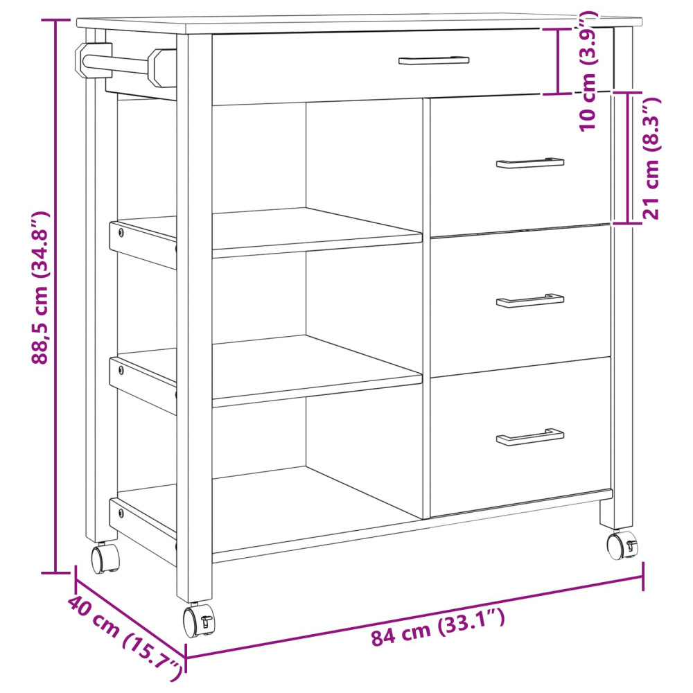 Produktbild för Köksvagn MONZA Svart 84 x 40 x 88,5 cm Massiv furu