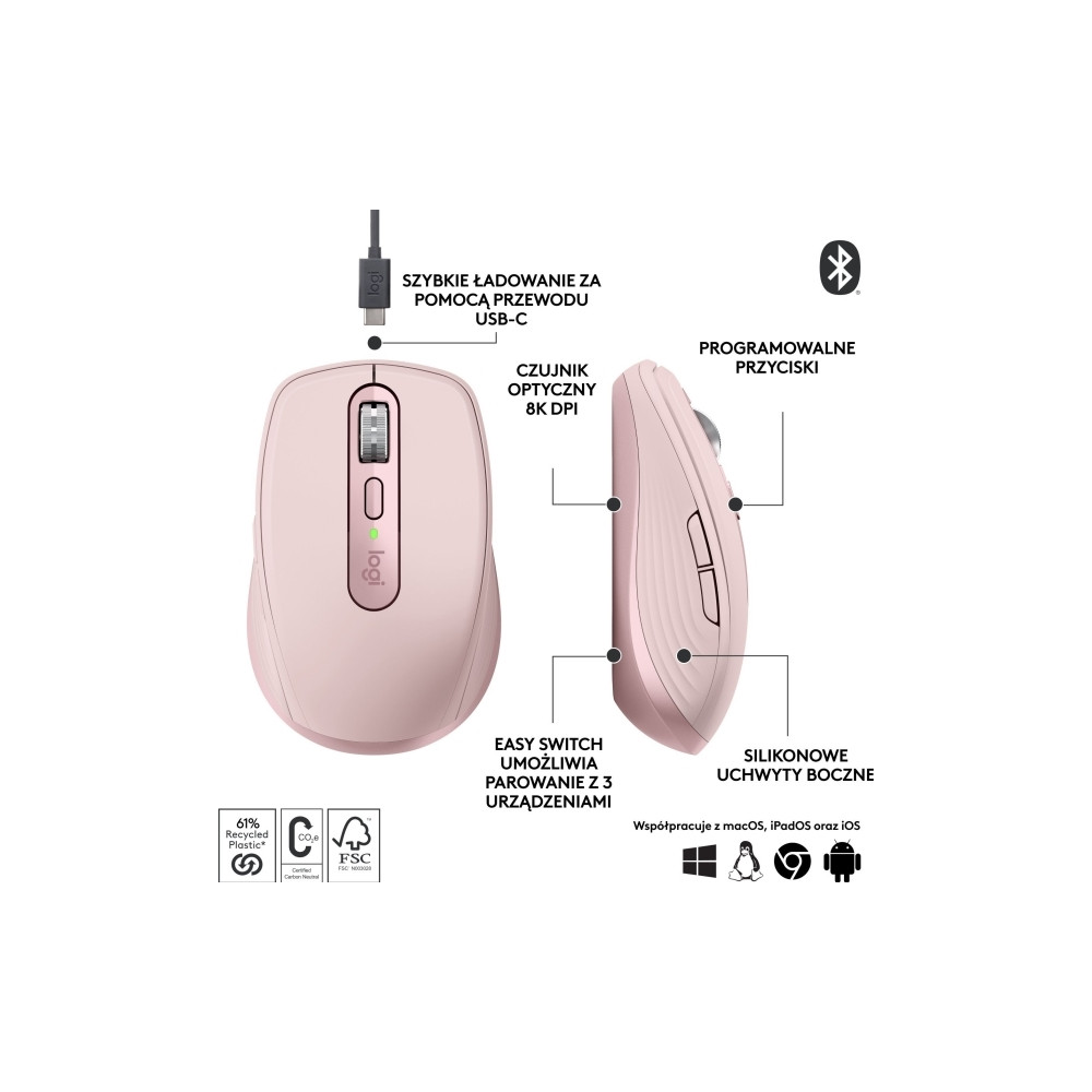 Produktbild för Logitech MX Anywhere 3S - mus - Bluetooth - rosa