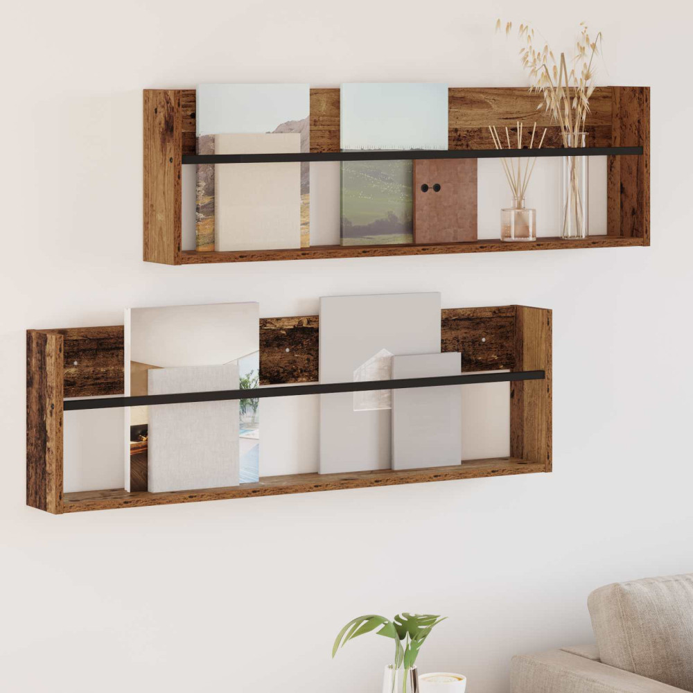Produktbild för Tidningshylla med hylla 2 pcs Gammalt trä 100 x 12 x 30 cm
