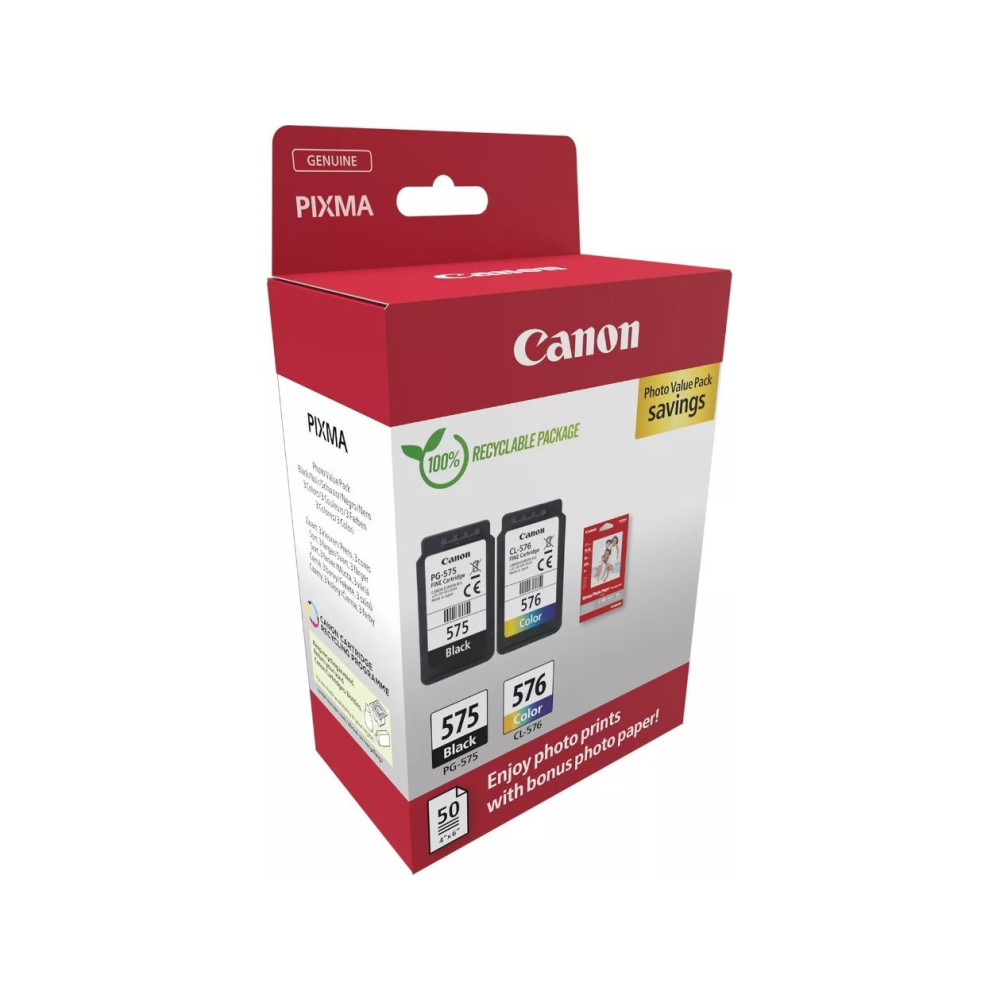Produktbild för Canon PG-575/CL-576 Photo Paper Value Pack - 2-pack - svart, färg (cyan, magenta, gul) - original - bläckpatron/papperssats