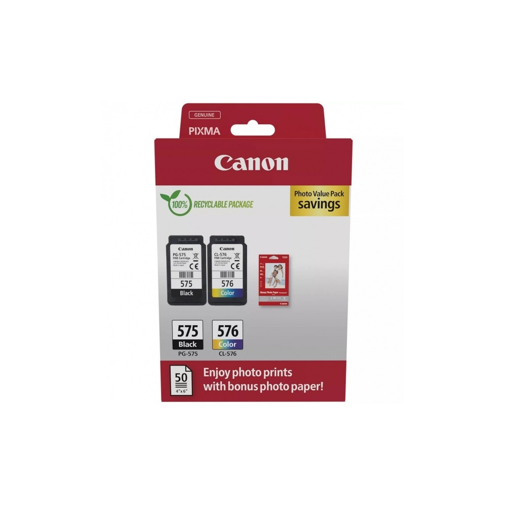 Produktbild för Canon PG-575/CL-576 Photo Paper Value Pack - 2-pack - svart, färg (cyan, magenta, gul) - original - bläckpatron/papperssats