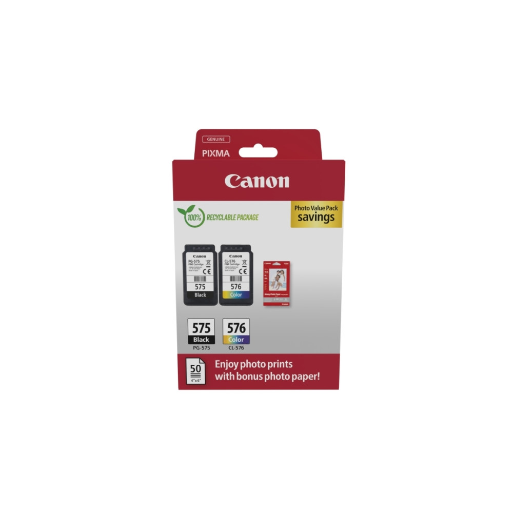 Produktbild för Canon PG-575/CL-576 Photo Paper Value Pack - 2-pack - svart, färg (cyan, magenta, gul) - original - bläckpatron/papperssats