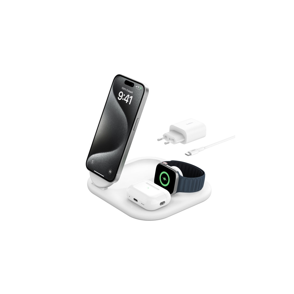 Produktbild för Belkin BoostCharge 3-in-1 trådlöst laddställ - magnetisk, hopfällbar, med Qi2 - + växelströmsadapter - 15 watt