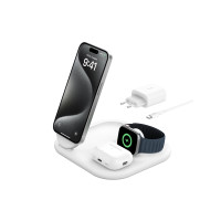Produktbild för Belkin BoostCharge 3-in-1 trådlöst laddställ - magnetisk, hopfällbar, med Qi2 - + växelströmsadapter - 15 watt