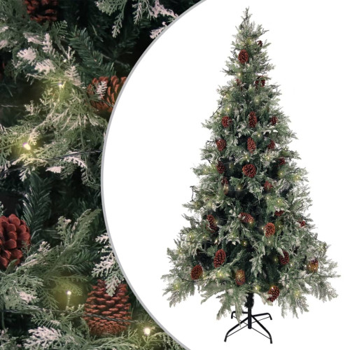 vidaXL Belyst julgran med kottar grön&vit 225 cm PVC&PE