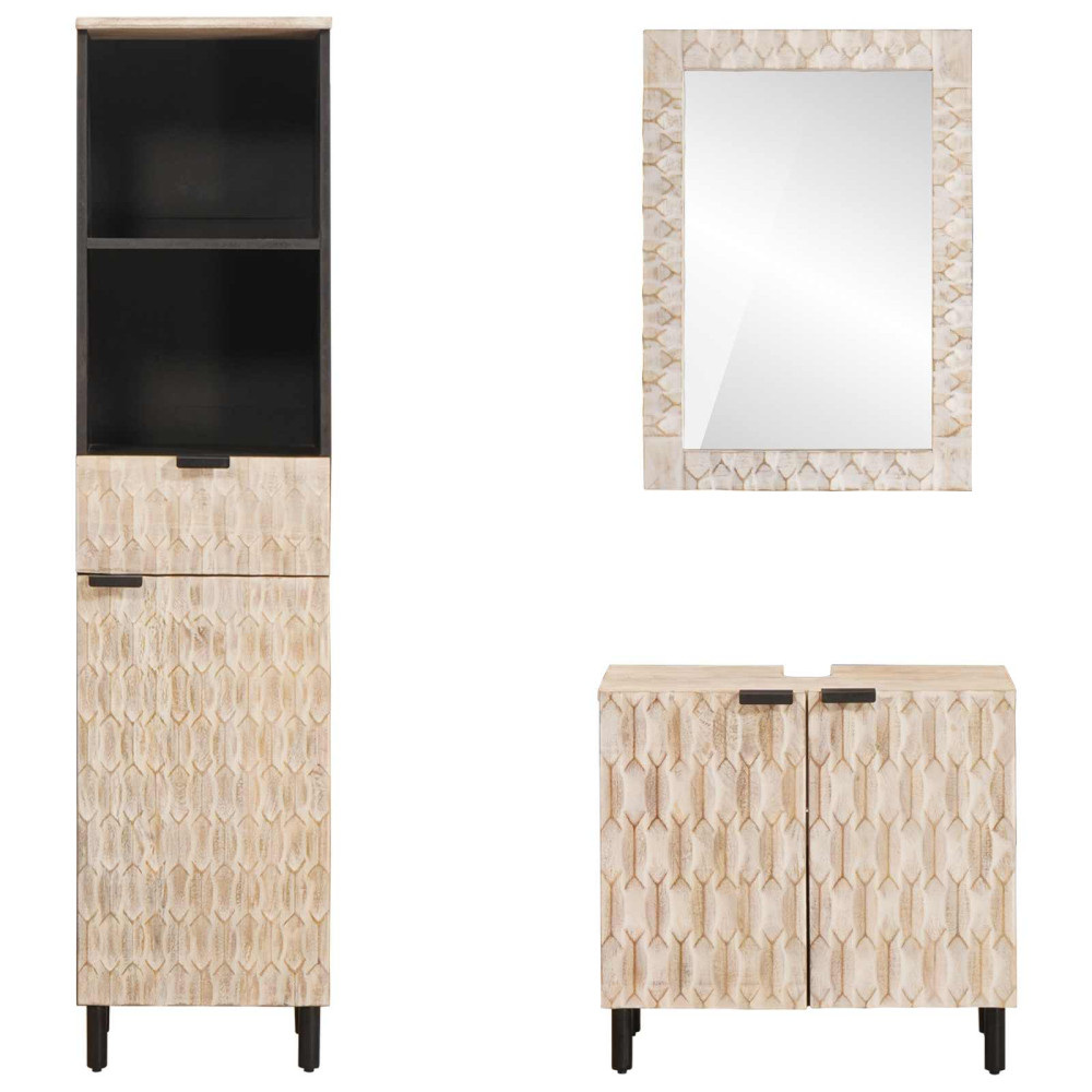 Produktbild för Badrum Set med låda 3 pcs Vit Tvätt Finish Massivt mangoträ