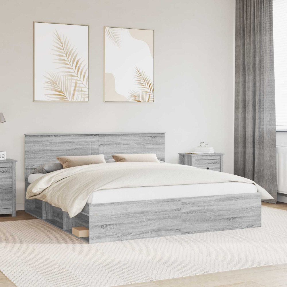 Produktbild för Sängram med huvudgavel Grå Sonoma 200 x 200 cm Konstruerat trä