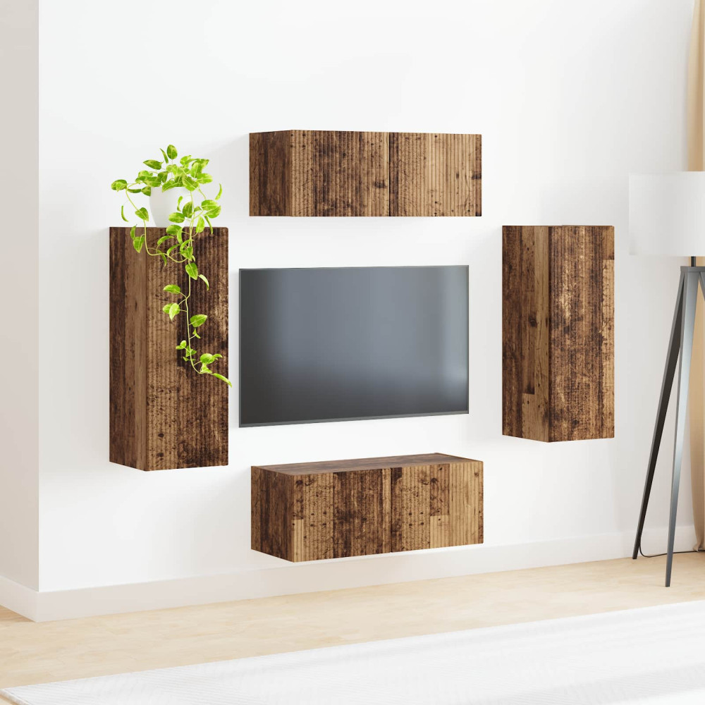 Produktbild för TV väggskåp set Väggmonterad 4 pcs Gammalt trä Konstruerat trä