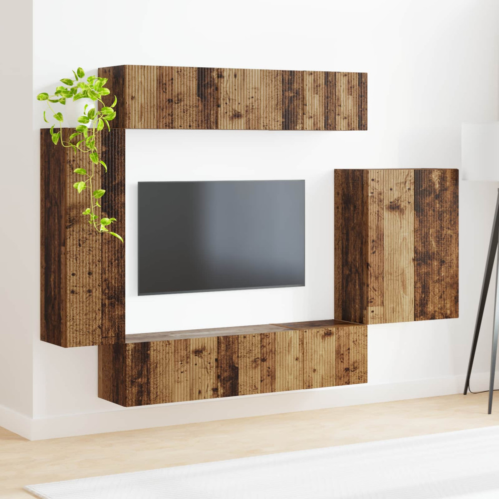 Produktbild för TV väggskåp set Väggmonterad 6 pcs Gammalt trä