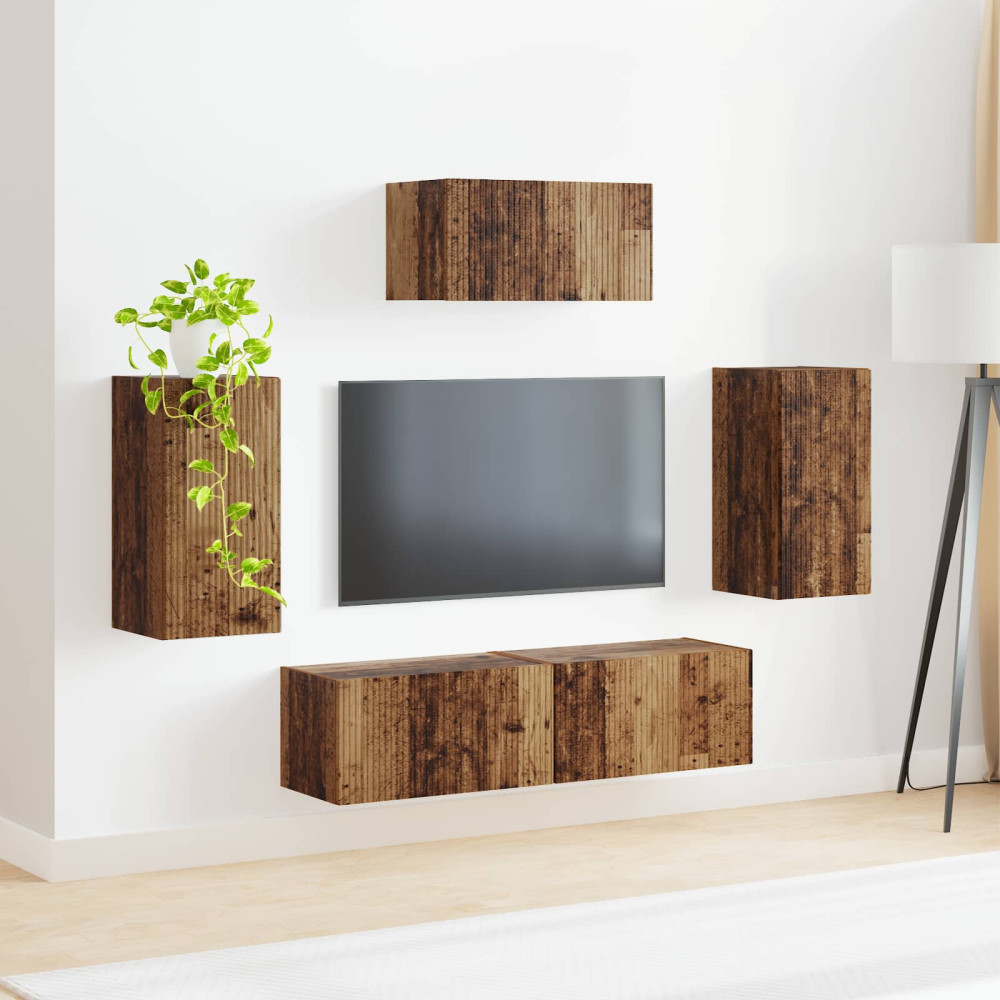 Produktbild för TV-bänkset Väggmonterad 5 pcs Gammalt trä Konstruerat trä