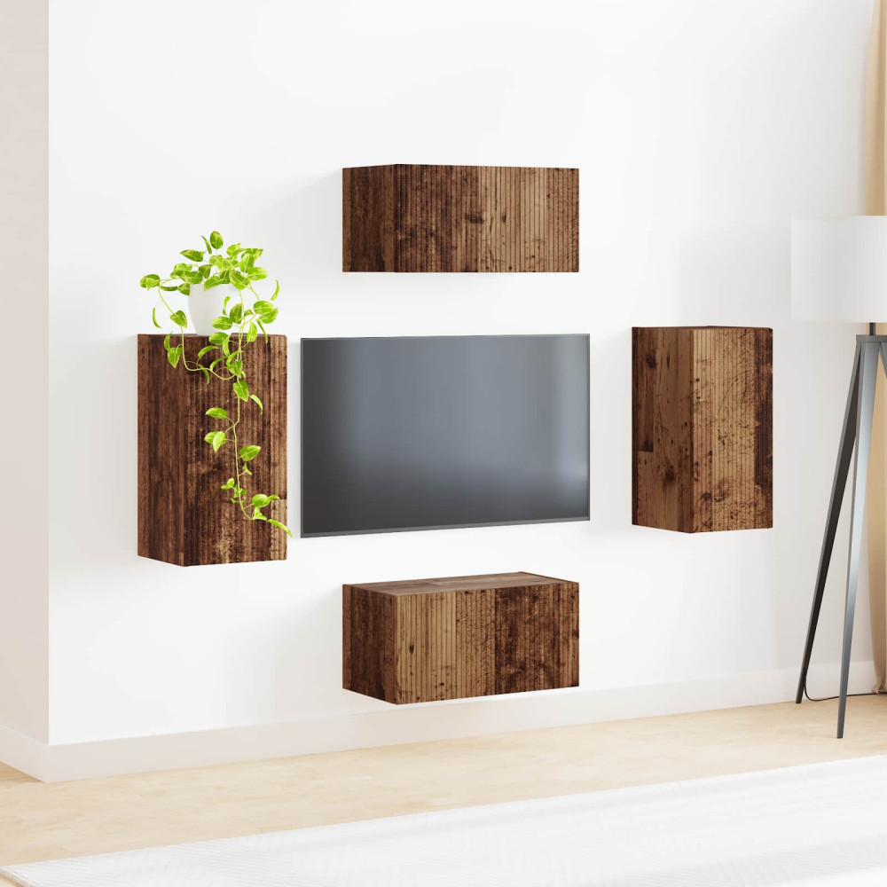 Produktbild för TV-bänkset 4 pcs Gammalt trä Konstruerat trä